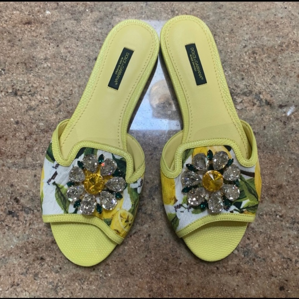 New w/Dust Bag Dolce&Gabbana Lemon Print Jeweled Slide Sandals EU 36.5 US fits 6
